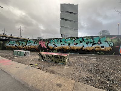 Brown and Cyan and Light Blue Stylewriting by Chr15, TMF, HG and Shacky. This Graffiti is located in Berlin, Germany and was created in 2024. This Graffiti can be described as Stylewriting and Wall of Fame.