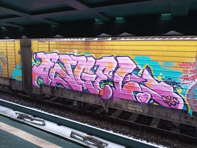 Coralle and Colorful Stylewriting by Angel, DCK and ALL CAPS COLLECTIVE. This Graffiti is located in Hungary and was created in 2020. This Graffiti can be described as Stylewriting, Trains and Freights.