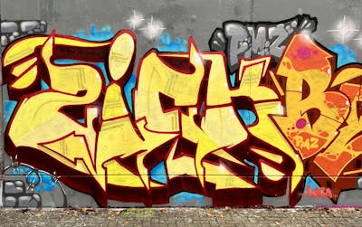 Red and Yellow Stylewriting by ZICK, BERS and PMZ CREW. This Graffiti is located in Oldenburg, Germany and was created in 2022. This Graffiti can be described as Stylewriting and Wall of Fame.
