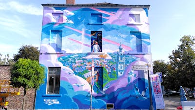 Coralle and Light Blue and Colorful Stylewriting by Tris. This Graffiti is located in Mons, Belgium and was created in 2023. This Graffiti can be described as Stylewriting, Characters, Streetart and Murals.