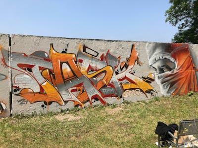 Orange and Grey Stylewriting by Searok and TASKONE. This Graffiti is located in Zwickau, Germany and was created in 2021. This Graffiti can be described as Stylewriting, Characters and Wall of Fame.