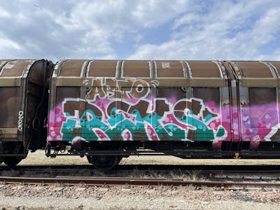 Cyan and Coralle Stylewriting by REKS. This Graffiti is located in Italy and was created in 2023. This Graffiti can be described as Stylewriting, Trains and Freights.