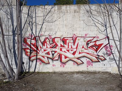 Red Stylewriting by Gizmo. This Graffiti is located in Thessaloniki, Greece and was created in 2023. This Graffiti can be described as Stylewriting and Abandoned.
