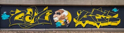 Grey and Yellow Stylewriting by CEL, HOMBRE and GES. This Graffiti is located in Nürnberg, Germany and was created in 2021. This Graffiti can be described as Stylewriting, Characters and Wall of Fame.