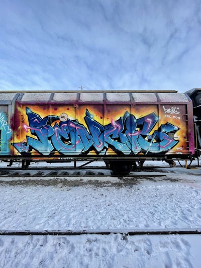 Blue and Yellow and Colorful Stylewriting by Pencil. This Graffiti is located in Stockholm, Sweden and was created in 2022. This Graffiti can be described as Stylewriting, Trains and Freights.