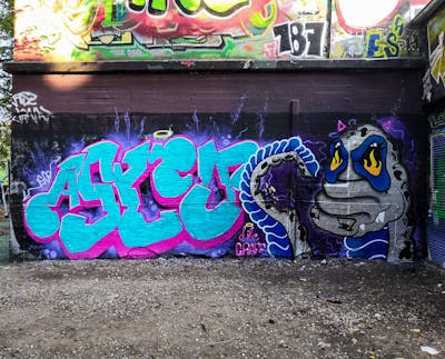 Colorful Stylewriting by Bok and Asco. This Graffiti is located in Hamburg, Germany and was created in 2021. This Graffiti can be described as Stylewriting, Characters and Wall of Fame.
