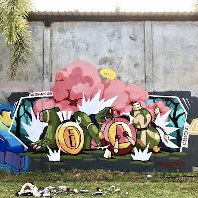 Green and Coralle and Colorful Stylewriting by JINAK. This Graffiti is located in Batam, Indonesia and was created in 2024. This Graffiti can be described as Stylewriting, Characters and Streetart.