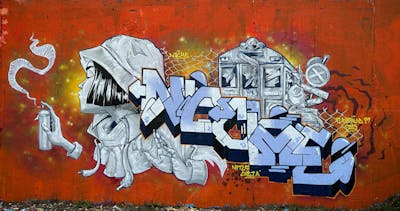 Orange and Grey Stylewriting by Notes, BTS, POK, Cheza and NOCHE. This Graffiti is located in Banská Bystrica, Slovakia and was created in 2023. This Graffiti can be described as Stylewriting and Characters.
