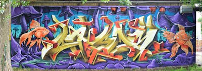 Beige and Violet and Orange Stylewriting by casom, 7hells and Medusa. This Graffiti is located in Radebeul, Germany and was created in 2016. This Graffiti can be described as Stylewriting, Characters and 3D.