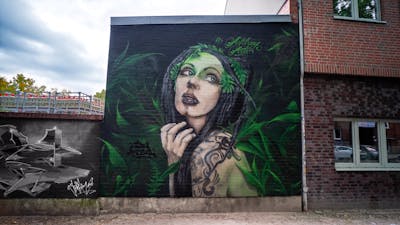 Green and Beige Characters by AIDN and Desur. This Graffiti is located in Hamburg, Germany and was created in 2020. This Graffiti can be described as Characters and Murals.