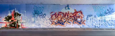 Light Blue and Colorful Stylewriting by Spant, Mr.oreo and Royalvenom. This Graffiti is located in Parma, Italy and was created in 2023. This Graffiti can be described as Stylewriting, Characters, Streetart, Murals and Handstyles.