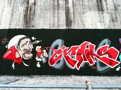 Red and Grey Stylewriting by Mache and Cram. This Graffiti is located in Naples, Italy and was created in 2022. This Graffiti can be described as Stylewriting and Characters.