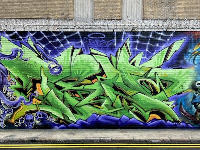 Blue and Light Green Stylewriting by Techno and CAS. This Graffiti is located in London, United Kingdom and was created in 2021. This Graffiti can be described as Stylewriting, Wall of Fame and Characters.