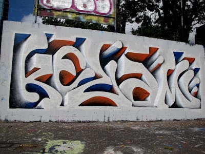 White and Red and Blue Stylewriting by Kezam. This Graffiti is located in Auckland, New Zealand and was created in 2023. This Graffiti can be described as Stylewriting and 3D.