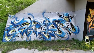 Light Blue and Grey Stylewriting by Sainter. This Graffiti is located in Svaty jur, Slovakia and was created in 2023. This Graffiti can be described as Stylewriting, Characters and 3D.