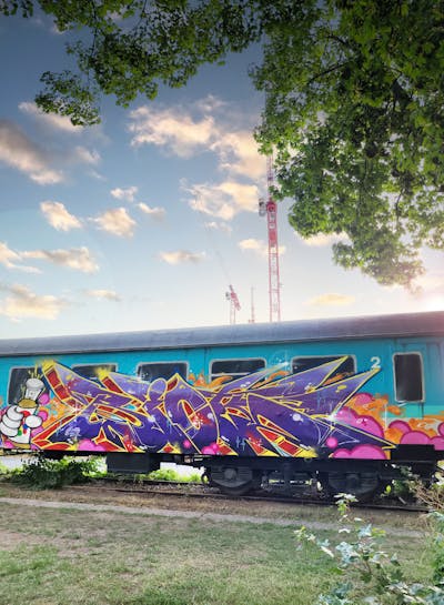 Colorful and Violet Stylewriting by Riots. This Graffiti is located in Jena, Germany and was created in 2023. This Graffiti can be described as Stylewriting, Characters, Trains, Atmosphere and Wall of Fame.