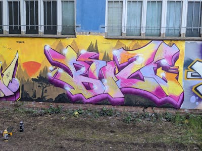 Yellow and Coralle and Violet Stylewriting by ATK and Buze. This Graffiti is located in Rosswein, Germany and was created in 2024.
