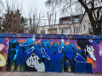 Blue and Colorful and Grey Stylewriting by Fems173. This Graffiti is located in lublin, Poland and was created in 2023. This Graffiti can be described as Stylewriting, Characters and Wall of Fame.