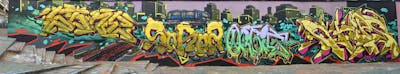 Colorful and Beige Stylewriting by Sorez, Chips, sone and orgie. This Graffiti is located in London, United Kingdom and was created in 2023. This Graffiti can be described as Stylewriting, Characters and Wall of Fame.