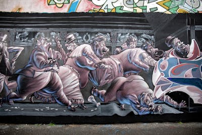 Coralle and Light Blue Characters by Kame and Cors One. This Graffiti is located in Berlin, Germany and was created in 2022. This Graffiti can be described as Characters and Wall of Fame.