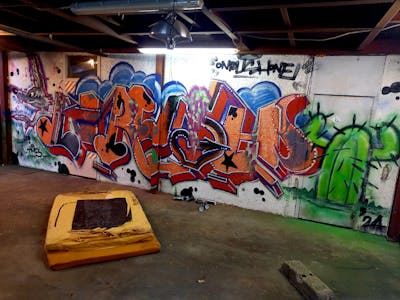 Orange and Colorful Stylewriting by Onrush73. This Graffiti is located in Denbosch, Netherlands and was created in 2024. This Graffiti can be described as Stylewriting and Abandoned.