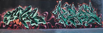 Cyan and Red and Black Stylewriting by CDSK, Chips and Rile. This Graffiti is located in London, United Kingdom and was created in 2023. This Graffiti can be described as Stylewriting and Wall of Fame.