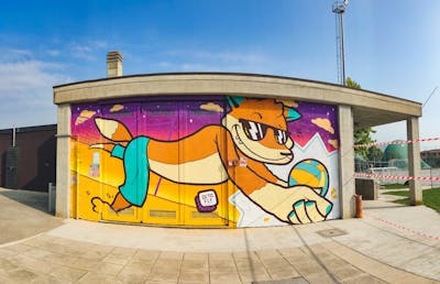 Orange and Violet Characters by Octofly Art. This Graffiti is located in Bergamo, Italy and was created in 2022. This Graffiti can be described as Characters and Commission.