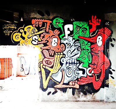 Colorful Characters by Hülpman, Sefoe, OST and PÜTK. This Graffiti is located in Athen, Greece and was created in 2020. This Graffiti can be described as Characters, Abandoned and Streetart.