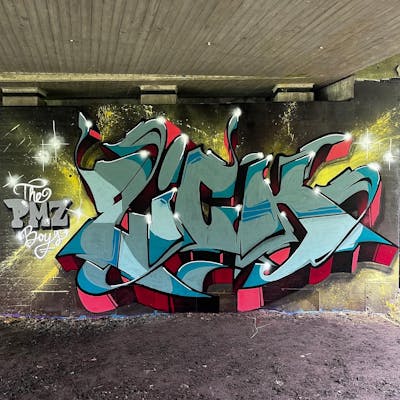 Red and Cyan and Yellow Stylewriting by ZICK and PMZ CREW. This Graffiti is located in Wilhelmshaven, Germany and was created in 2023. This Graffiti can be described as Stylewriting and Wall of Fame.