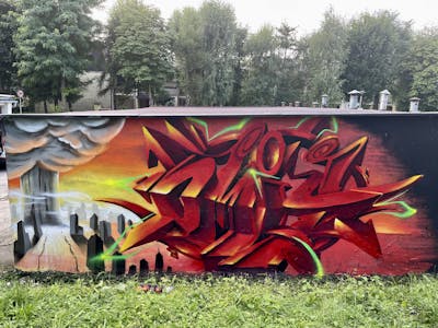 Red and Orange and Grey Stylewriting by Czosen1. This Graffiti is located in Nowy Sącz, Poland and was created in 2023. This Graffiti can be described as Stylewriting, Characters and 3D.