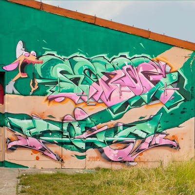 Beige and Light Green and Coralle Murals by renog and Posa. This Graffiti is located in Radebeul, Germany and was created in 2022. This Graffiti can be described as Murals, Special, Stylewriting and Characters.