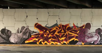 Orange and Red Stylewriting by Tays, Yuda and diana. This Graffiti is located in Monterrey, Mexico and was created in 2022. This Graffiti can be described as Stylewriting, Murals and Characters.