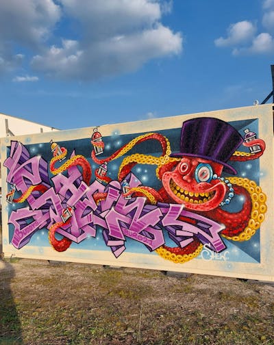 Violet and Red and Light Blue Stylewriting by Shew, the Buddys and Büro21. This Graffiti is located in Germany and was created in 2024. This Graffiti can be described as Stylewriting, Characters and Streetart.