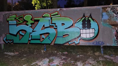 Cyan and Light Green Stylewriting by yab. This Graffiti is located in Gothenburg, Sweden and was created in 2021. This Graffiti can be described as Stylewriting, Characters and Wall of Fame.
