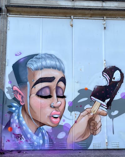 Grey and Beige and Violet Characters by Tokk. This Graffiti is located in Bremen, Germany and was created in 2023. This Graffiti can be described as Characters and Abandoned.