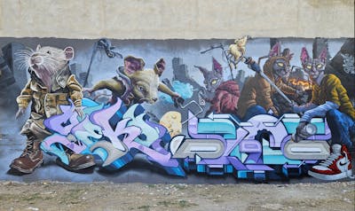 Colorful and Coralle and Light Blue Stylewriting by YEKO, Kthr, Soez and Dridali. This Graffiti is located in Valencia, Spain and was created in 2023. This Graffiti can be described as Stylewriting, Characters, Murals and Streetart.