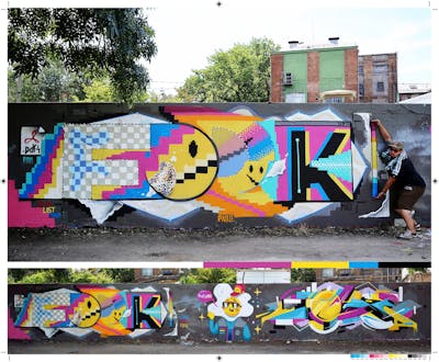 Colorful Stylewriting by Fork Imre, Coke and I AM SUZIE. This Graffiti is located in Budapest, Hungary and was created in 2018. This Graffiti can be described as Stylewriting, Characters and Murals.