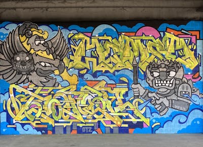 Yellow and Colorful and Light Blue Stylewriting by Toner2, Teaz, Hemsy and OTZ Crew. This Graffiti is located in Jambes, Belgium and was created in 2023. This Graffiti can be described as Stylewriting and Characters.