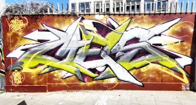 Grey and Yellow and Brown Stylewriting by Mes One, BDM, GWK and IOU. This Graffiti is located in Dublin, Ireland and was created in 2023. This Graffiti can be described as Stylewriting and Wall of Fame.