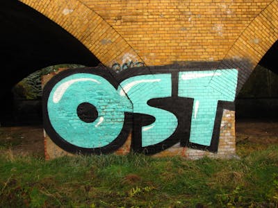 Cyan and Black Street Bombing by urine, Pizar and OST. This Graffiti is located in Leipzig, Germany and was created in 2013. This Graffiti can be described as Street Bombing and Stylewriting.