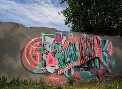 Coralle and Cyan Stylewriting by Bond and Graff.Funk. This Graffiti is located in Leipzig, Germany and was created in 2018. This Graffiti can be described as Stylewriting, Characters, Futuristic and 3D.