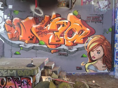 Colorful and Orange Characters by Nikt and Wina. This Graffiti is located in Kiel, Germany and was created in 2017. This Graffiti can be described as Characters, Stylewriting and Abandoned.