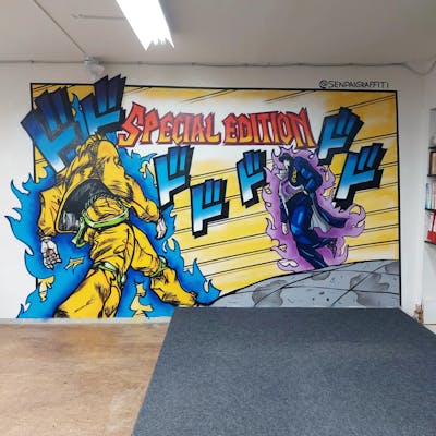 Yellow and Blue Characters by Senpai. This Graffiti is located in Dordrecht, Netherlands and was created in 2022.