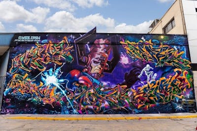 Colorful Stylewriting by N2S, meyf, dumser, wade, sonik, mono and pjone. This Graffiti is located in Lima, Peru and was created in 2021. This Graffiti can be described as Stylewriting, Murals and Characters.
