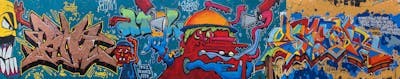 Colorful Stylewriting by Sefoe, OST, Egosoup, Natur, 104, SOZU, TDZ, RWRZ, RTM and Raps. This Graffiti is located in Berlin, Germany and was created in 2017. This Graffiti can be described as Stylewriting, Characters and Wall of Fame.