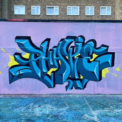 Blue and Light Blue and Yellow Stylewriting by Fate.01. This Graffiti is located in London, United Kingdom and was created in 2023. This Graffiti can be described as Stylewriting and Wall of Fame.