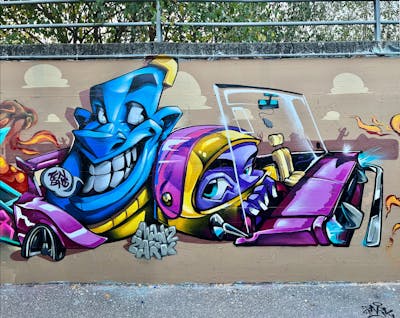 Colorful and Light Blue and Coralle Characters by Manz and Zark. This Graffiti is located in Sant'ilario, Italy and was created in 2023.
