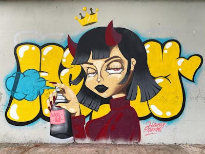Yellow and Colorful Characters by HanyAnnh. This Graffiti is located in Guadalajara, Mexico and was created in 2021.