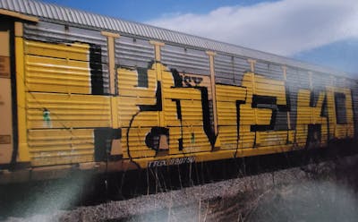Yellow and Black Stylewriting by Havek. This Graffiti is located in Toledo, United States and was created in 2008. This Graffiti can be described as Stylewriting, Trains and Freights.