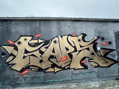 Gold and Grey and Black Stylewriting by Gaps. This Graffiti is located in Leipzig, Germany and was created in 2023. This Graffiti can be described as Stylewriting and Wall of Fame.